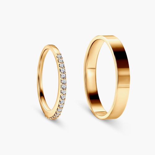 Obrączki Share Your Love: złote, biały szafir, płaskie, 1,5 mm i 3 mm